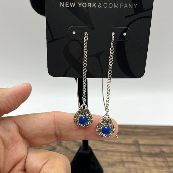 Tread earrings Silver Tone with Rhinestones and Blue Center Long Adjustable - Picture 3 of 8